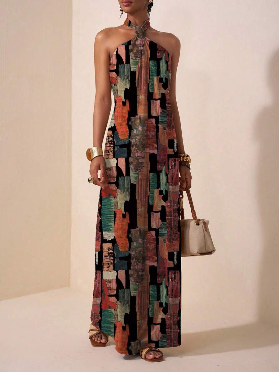 Zivah 2025 Sommar Ny Musik Festival Påsk Mors dag Bröllopssäsong Delta i bröllop Födelsedagsfest Dagligen Casual Semester Kryssning Resa Strand Solbad Viral Elegant Casual Halterneck Rygglös Twist Lösa Vida Benbyxor, Röd - Jumpsuit - Multifärgad - Visa 1