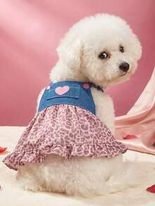 PETSIN 牛仔背带宠物连衣裙，带粉色爱心口袋 - 粉色豹纹荷叶边裙摆狗狗套装，适合小型犬和猫咪的可爱休闲夏季连衣裙 - 藍粉 - 查看 5