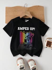 MTV | SHEIN 年轻女孩休闲日常通勤时尚街头彩色字母图案短袖黑色T恤 - 黑色 - 查看 1