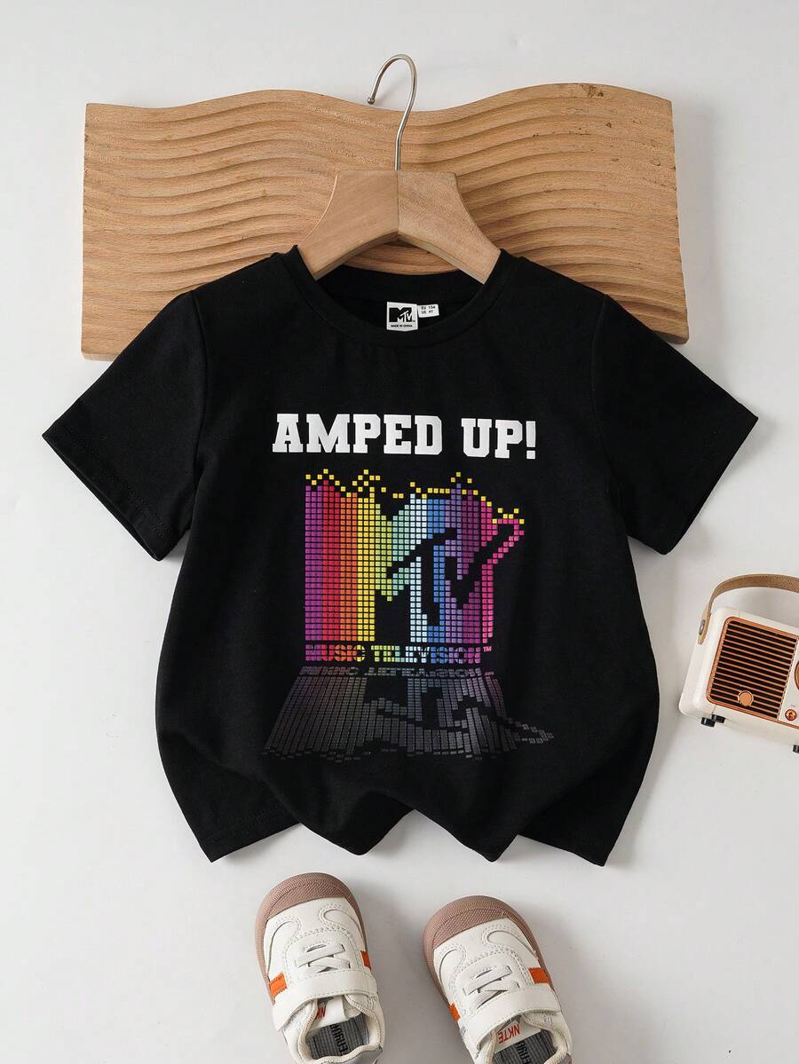 MTV | SHEIN 年轻女孩休闲日常通勤时尚街头彩色字母图案短袖黑色T恤 - 黑色 - 查看 1