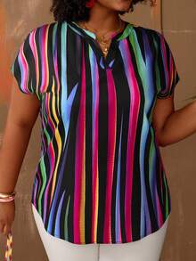 EMERY ROSE 大码V领短袖条纹休闲宽松衬衫/夏季/春季/度假海滩度假 - 彩色 - 查看 3