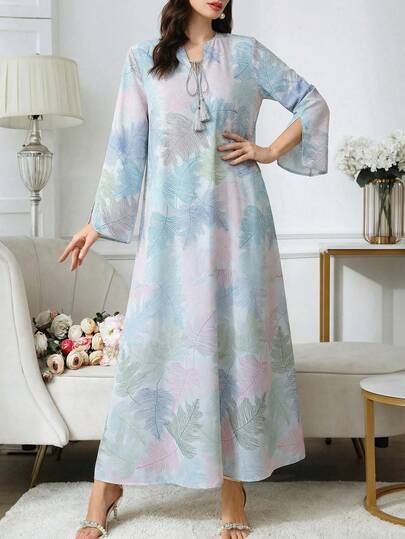 Al Najma Women's Leaf Print Notched Neck Twist Tassel Decor Elegant Long Sleeve Dress
