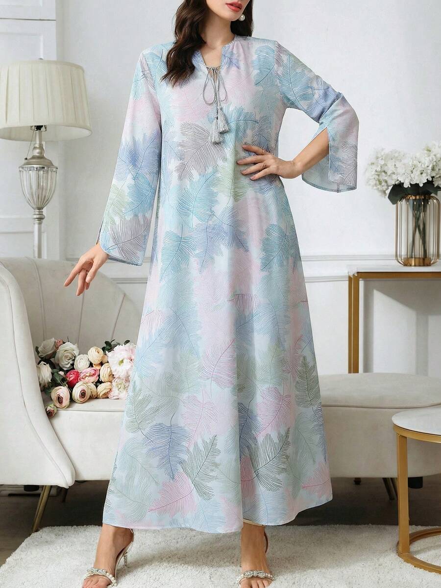 Al Najma 女士树叶印花缺口领扭结流苏装饰优雅长袖连衣裙 - 藍色 - 查看 1