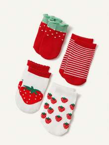 Cozy Pixies 4双春秋季中筒袜，草莓图案，透气吸汗，甜美学院风袜子 - 彩色 - 查看 6