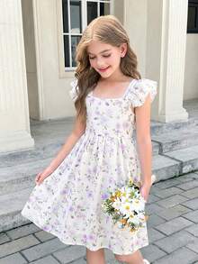 SHEIN Gaun Anak Perempuan Remaja Elegan dengan Hiasan Pita dan Rumbai Motif Bunga, Gaun Remaja Perempuan dengan Pita di Belakang, Gaun Musim Semi untuk Anak Perempuan dengan Lengan Bergelombang - Mauve Purple - View 2