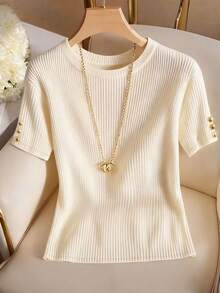 Almamuse Camiseta de manga corta de punto acanalado de unicolor con decoración de botón dorado, versátil y casual para uso diario y de oficina, para mujeres de talla grande - Albaricoque - Ver 1