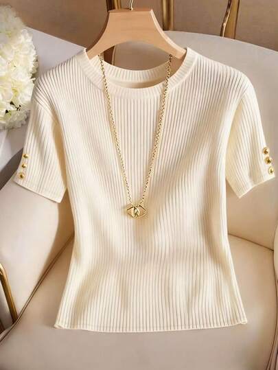 Almamuse Camiseta de manga corta de punto acanalado de unicolor con decoración de botón dorado, versátil y casual para uso diario y de oficina, para mujeres de talla grande