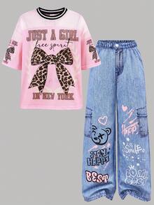 SHEIN 2pcs/Set Tween Girls' Loose Fit Butterfly Print T-Shirt And Denim Print Wide Leg Pants Set, Casual, Fashionable, Versatile, Suitable For Party, Outing, Photoshoot With Sisters, Park, Camping, Vacation, Daily Wear - Pink - View 14