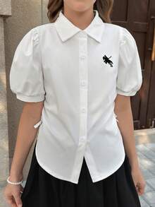 Tween Girls' Casual Vacation White Puff Sleeve Blouse, Spring/Summer Tops, Versatile For Vacation, Travel & Various Occasions - White - View 4