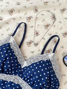 SHEIN Teen Girls' Blue & White Polka Dot Lace Camisole Elegant White Lace Trim Camisole, Suitable For Summer, Vacation, Casual, Home, Bohemian Style - Navy Blue - View 3