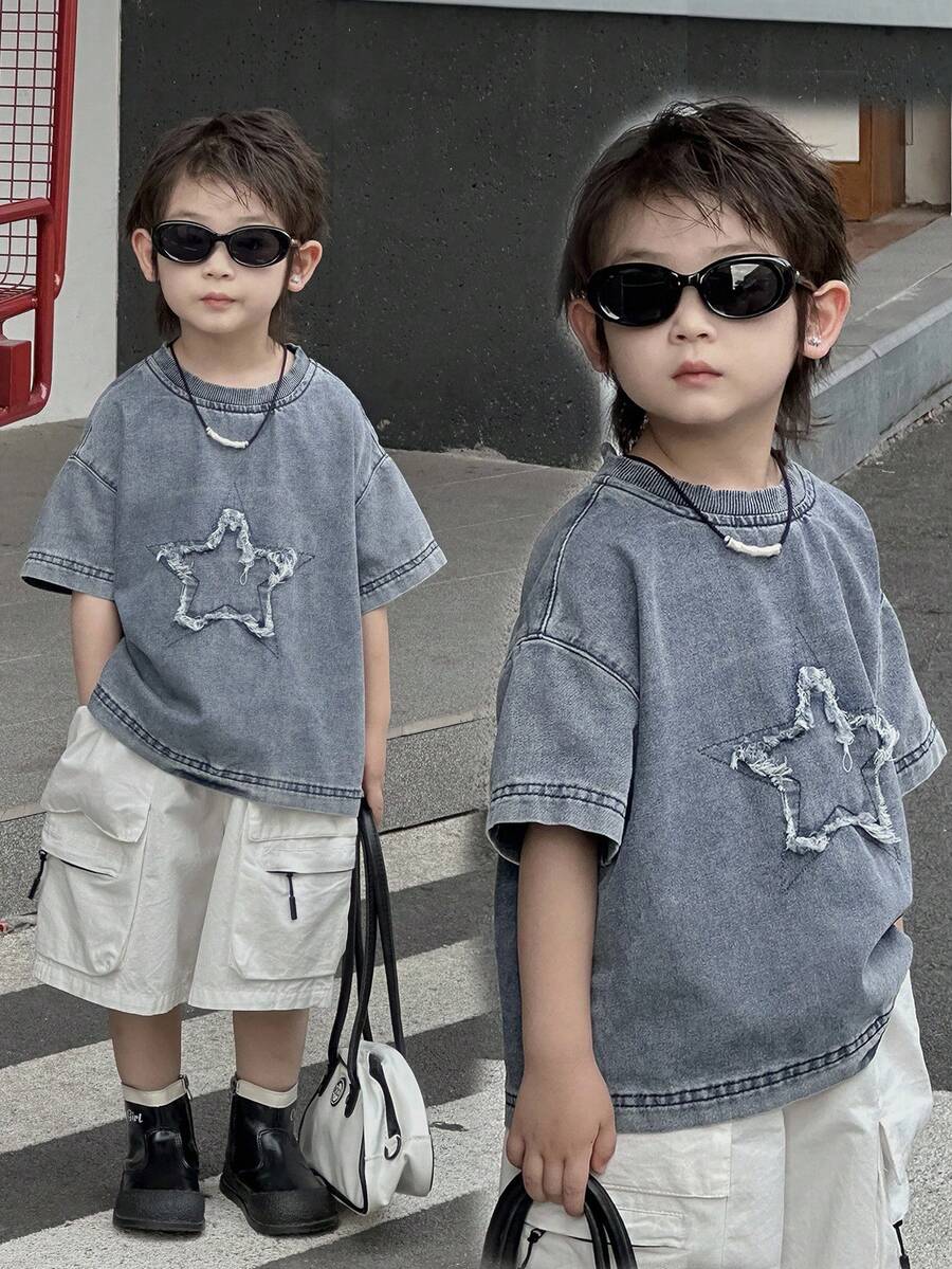 Dazy Kids Toddler Boys' Loose Casual Denim T-Shirt With Star Pattern, Summer - Light Wash - View 1