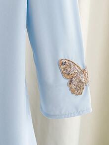 少女休闲亮片蝴蝶刺绣V领长袖连衣裙，秋季款 - 藍色 - 查看 5