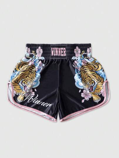 ROMWE MEN Street Life Men's Summer Tiger Floral & Letter Print Elastic Waist Sports Boxing Basketball Shorts