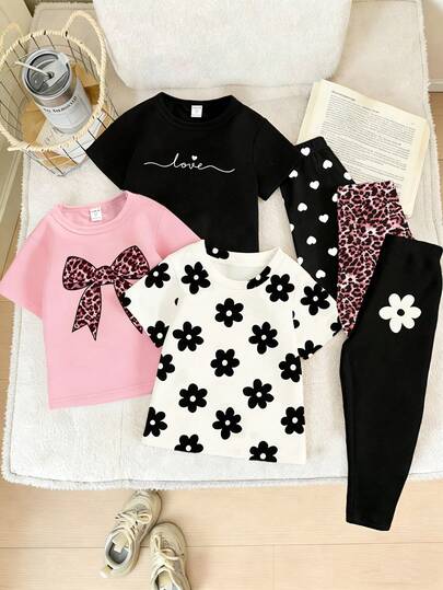 SHEIN 6pcs/Set Young Girls Casual Chic Creative Personalized Refreshing Cute Minimalist Leopard Print, Bow, Heart, Black Flower, Slogan Graphic Print Short T-Shirt And Leggings Outfit, Comfortable Daily Wear, Suitable For Spring, Summer And Autumn