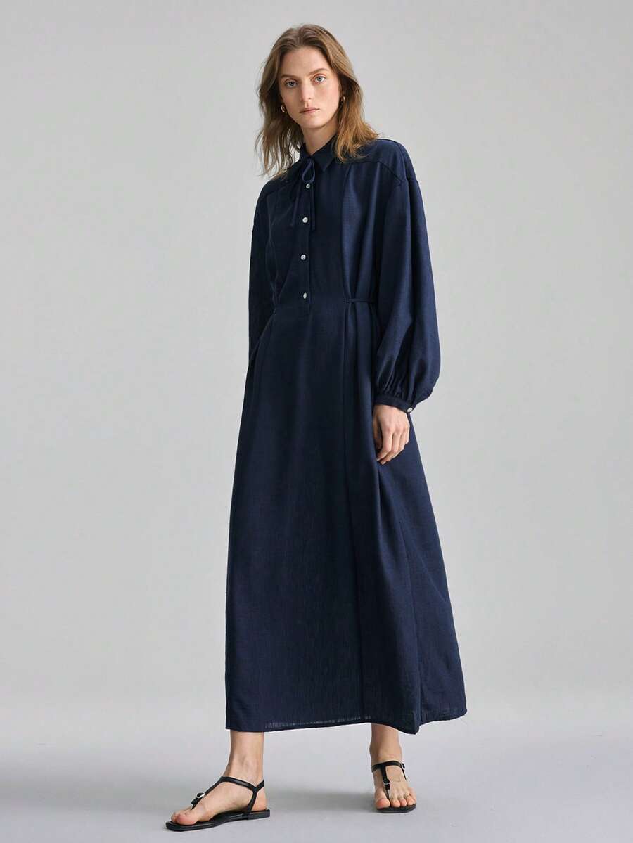 Ontre 2026春夏新款女士梭织连衣裙，系带设计，A字廓形，宽松版型，藏蓝色，适合情人节、婚礼季、节日庆典、独立日、都市时尚、简约风、通勤等场合。 - 藏蓝色 - 查看 1