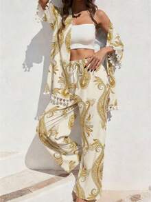 Breezaya 女士佩斯利印花衬衫和裤子两件套，夏季度假 - 金色 - 查看 5