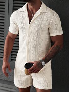 Manfinity RSRT Men's Summer Casual Vacation Front Button Hollow Shirt And Shorts Set - Apricot - View 6