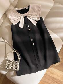 Elladie kids 1件女童夏季新款雪纺面料黑色领蝴蝶结杏色A字连衣裙，简约百搭优雅休闲款式，适合外出、度假、通勤。 - 黑色 - 查看 1