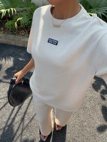 Muchica Women's Two-Piece Loose Striped Round Neck Drop Shoulder Short-Sleeved T-Shirt And Elastic Waist Striped Pants, Autumn Knitted Set, Spring/Summer Casual Spring Set.Summer Holiday Outfits - Khaki - View 6