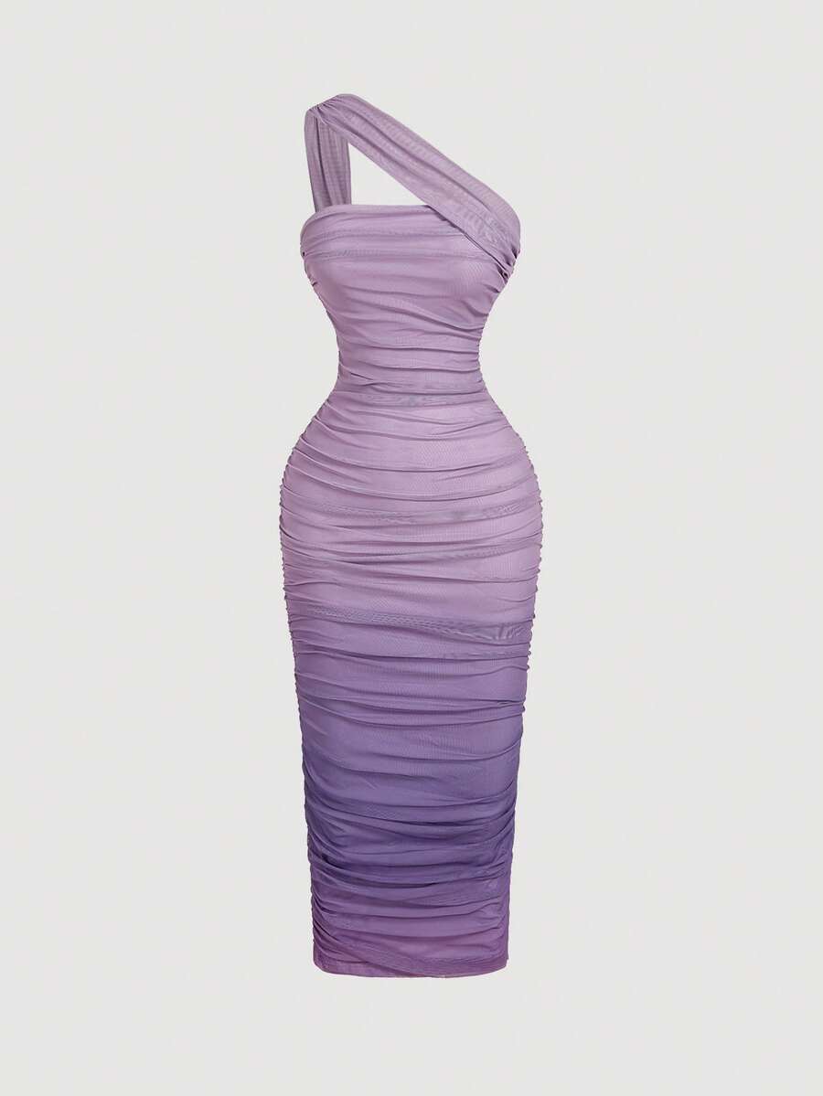 SHEIN MOD Ombre Ruched Bodycon Mid-Length One Shoulder Mesh Dress - Violet Purple - View 1