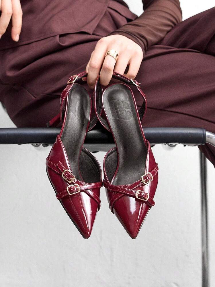 CUCCOO BIZCHIC Pointed Toe Stiletto Heels Wine Red Backstrap Women's Pumps, Slingback Versatile Dress Shoes For Work, Party Spring Shoes