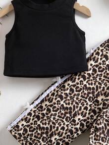 SHEIN 2 Pieces Summer Cute Vacation Knitted Black Vest And All-Over Leopard Print Pants Set With Bow Decoration On The Side - Black - View 7