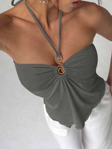 Aloruh 女士纯色露背吊带衫，露背设计，褶皱不对称下摆，时尚百搭。 - 灰色 - 查看 3