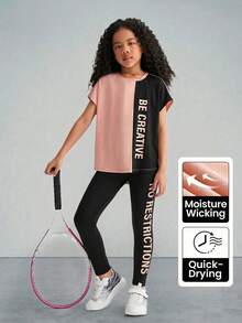 SHEIN Tween Girl Knitted Color Block Letter & Print Pattern Short Sleeve T-Shirt And Long Pants Sporty Outfit - Multicolor - View 3