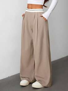 SHEIN PETITE 女士腰带缝线卡其色休闲优雅女士西装裤 - 卡其色 - 查看 4