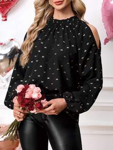 SHEIN Clasi Women's Elegant Butterfly Print Cold Shoulder Lantern Sleeve Loose Blouse, Suitable For Spring/Autumn, Valentine's Day Date Valentine Outfits For Wome  Casual Women Outfits  Retro Bow-Print Off-Shoulder Sexy And Elegant Versatile Spring Shirt - Black and Gold - View 1