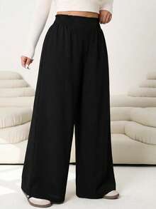 Solflare 2025秋冬新款休闲裤，适合外出、日常休闲、聚会、通勤、返校、约会、居家、生日派对等多种场合。宽松版型，弹性腰带，阔腿设计，米色，大码可选。 - 黑色 - 查看 4