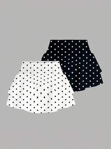 SHEIN EZwear 2 pezzi Pantaloncini da donna retrò a pois bianchi e neri, adatti per l'estate - Multicolore - Visualizzare 2