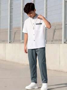 SHEIN 2pcs/Set Teenage Boys' Casual School Style Simple White Shirt And Pants Outfit - Grey - View 5