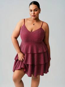 Hourglow Đầm hai dây dáng rộng cho nữ, chất liệu bóng, viền bèo nhún, phù hợp với dáng người đồng hồ cát và dáng người tròn trịa. - Màu Đỏ Sâu - Xem 7