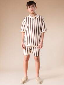 SUMWON Striped Crochet Polo And Short Co-Ord Set Collared Button Placket Summer Outfit Two Piece Casual Ensemble Vertical Stripe Pattern Textured Knit Vacation - Multicolor - View 1