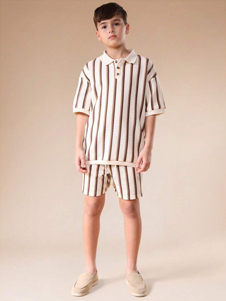 SUMWON Striped Crochet Polo And Short Co-Ord Set Collared Button Placket Summer Outfit Two Piece Casual Ensemble Vertical Stripe Pattern Textured Knit Vacation - Multicolor - View 1