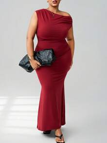 CurvyTilda Plus Size Women Solid Color High Stretch Asymmetrical Neck Mermaid Hem Valentine's Day Dress, For Hourglass Body Shape - Burgundy - View 3