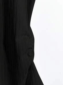 Lyxana 针织条纹纹理拼接纽扣装饰奢华法式风格白色短袖女式上衣，夏季 - 黑色 - 查看 3
