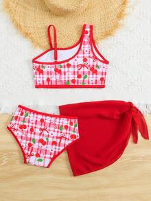 女童格子樱桃印花不对称领口泳衣套装，含罩衫和迷你裙 - 紅色 - 查看 2