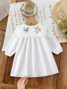 SHEIN LMoss Kids 女童纯色拼接碎花娃娃领休闲连衣裙,可爱碎花荷叶边长袖连衣裙 - 白色 - 查看 3