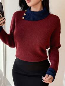 DAZY Pull ample en tricot à patchwork de couleurs contrastées, élégant, pour l'automne - Rouge foncé - Voir 6