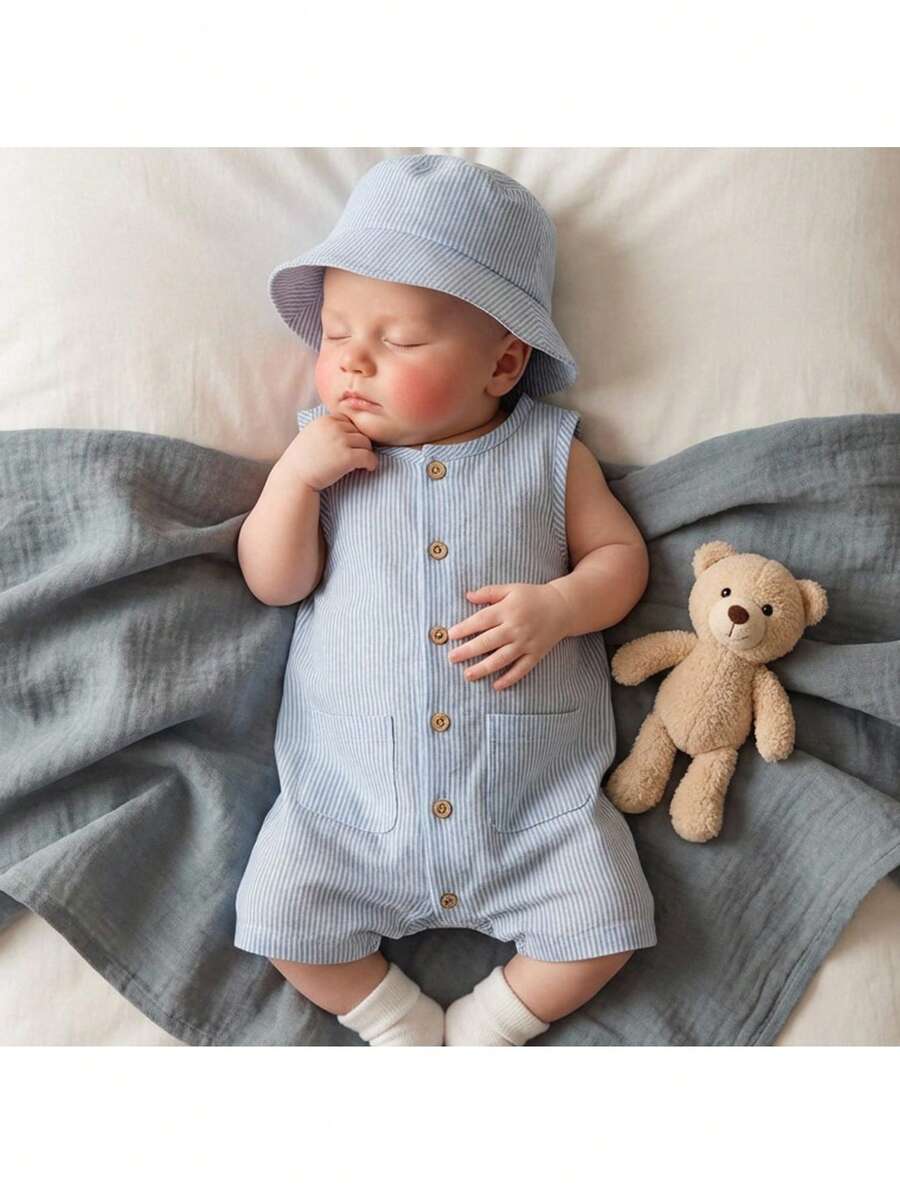 Loomiva Bộ đồ 2 món cho bé gái sơ sinh: áo liền quần không tay kẻ sọc nhiều màu sắc và mũ. - Màu xanh lam - Xem 1