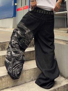 ROMWE MEN Anime Quần jeans nam dáng rộng, họa tiết hoa và rồng thêu. - màu đen - Xem 4