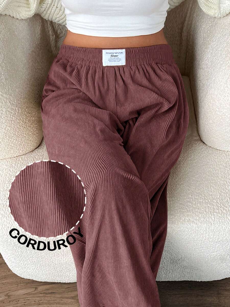 SHEIN EZwear 珊瑚粉色加大码女式灯芯绒高腰阔腿裤，带口袋和贴布设计，适合校园、日常穿着和室内工作，秋冬季款 - 珊瑚粉 - 查看 1