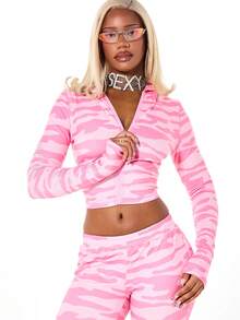 SUMWON WOMEN 粉色迷彩全拉链连帽衫，饰有水钻，长袖短款运动上衣，休闲街头风，秋冬居家休闲装 - 粉色 - 查看 1