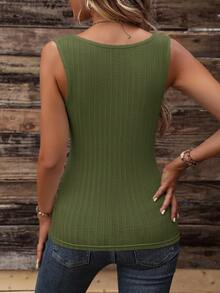 SHEIN LUNE Women's Casual Army Green Ribbed Knit V Neck Wrap Tank Top Regular Length Sleeveless Blouse - Army Green - View 2