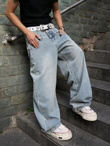 Manfinity EMRG Men's Casual Street Style Patchwork Embroidered Blue Denim Jeans - Light Wash - View 3