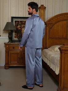 DAZY Twill Satin Fabric Haze Blue Shirt Paired With Men's Loungewear Set, Spring/Autumn - Blue - View 2