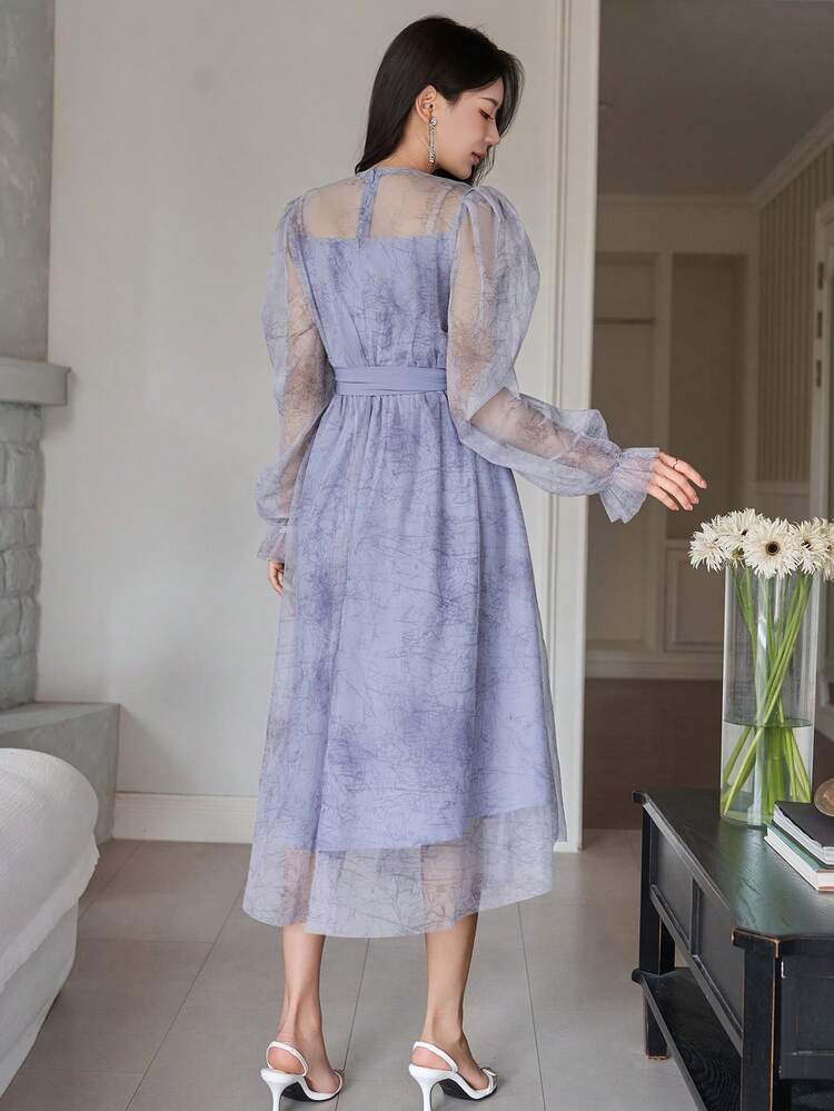 Women's Elegant Floral Print Waist Belt Puff Sleeve Mid-Length Dress, Spring/Summer Wedding Guest Dress Maxi Dress Sundress
