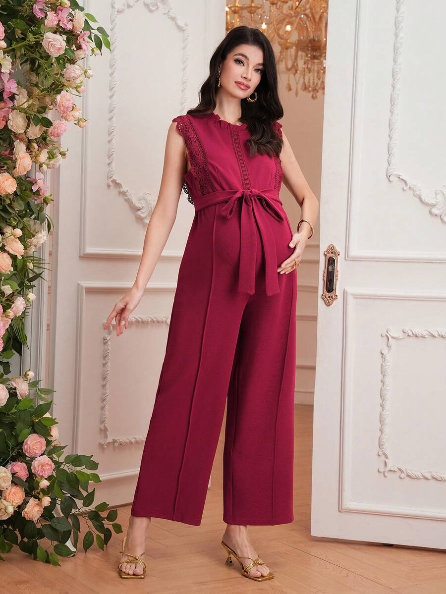 Momance Maternity Jumpsuit With Ruffle Trim, Round Neck, Sleeveless, Back Zipper, Waist Tie Bow, Straight Leg, Jacquard Fabric - Burgundy - View 1